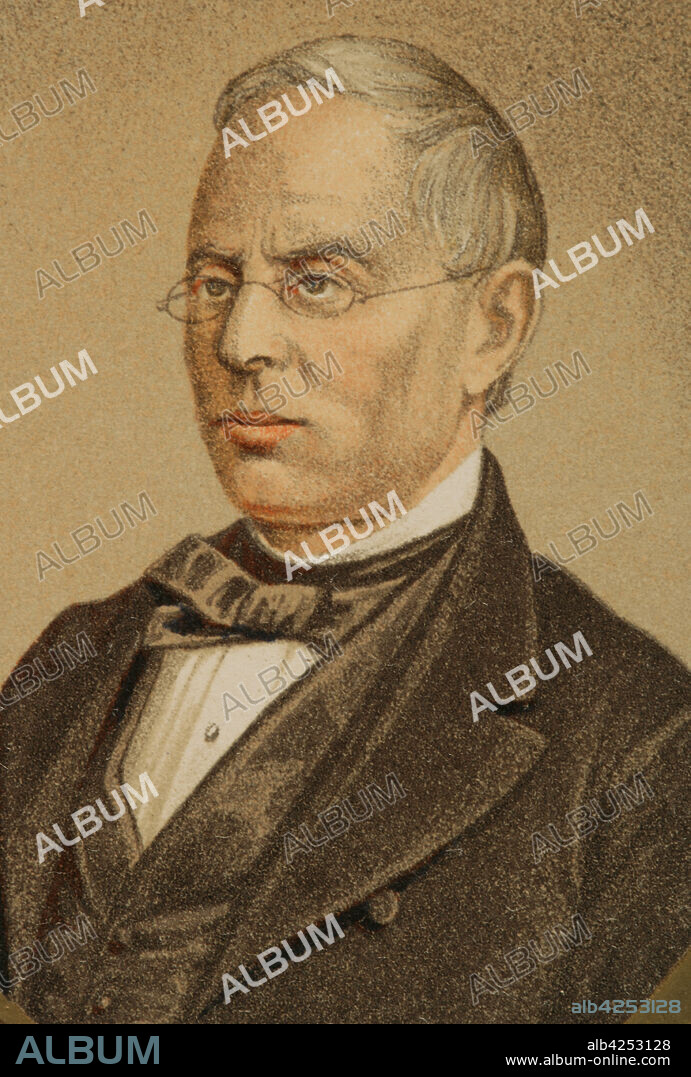 Juan Eugenio Hartzenbusch Martínez (1806-1880). Dramaturgo y poeta español. Representante del drama romántico. Retrato. Cromolitografía. Historia de las Ordenes de Caballería y de las Condecoraciones Españolas. Madrid, 1865.