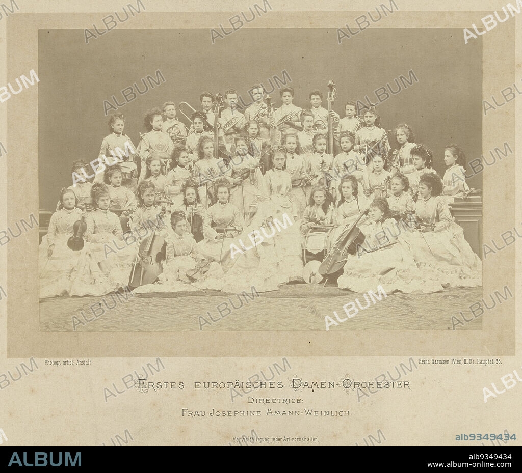 Group portrait of the first European women's orchestra conducted by Josefine Amann-Weinlich, Erstes Europäisches Damen-Orchester (title on object), Heinrich Harmsen (mentioned on object), Vienna, 1868 - 1887, cardboard, paper, albumen print, height 328 mm × width 434 mm.