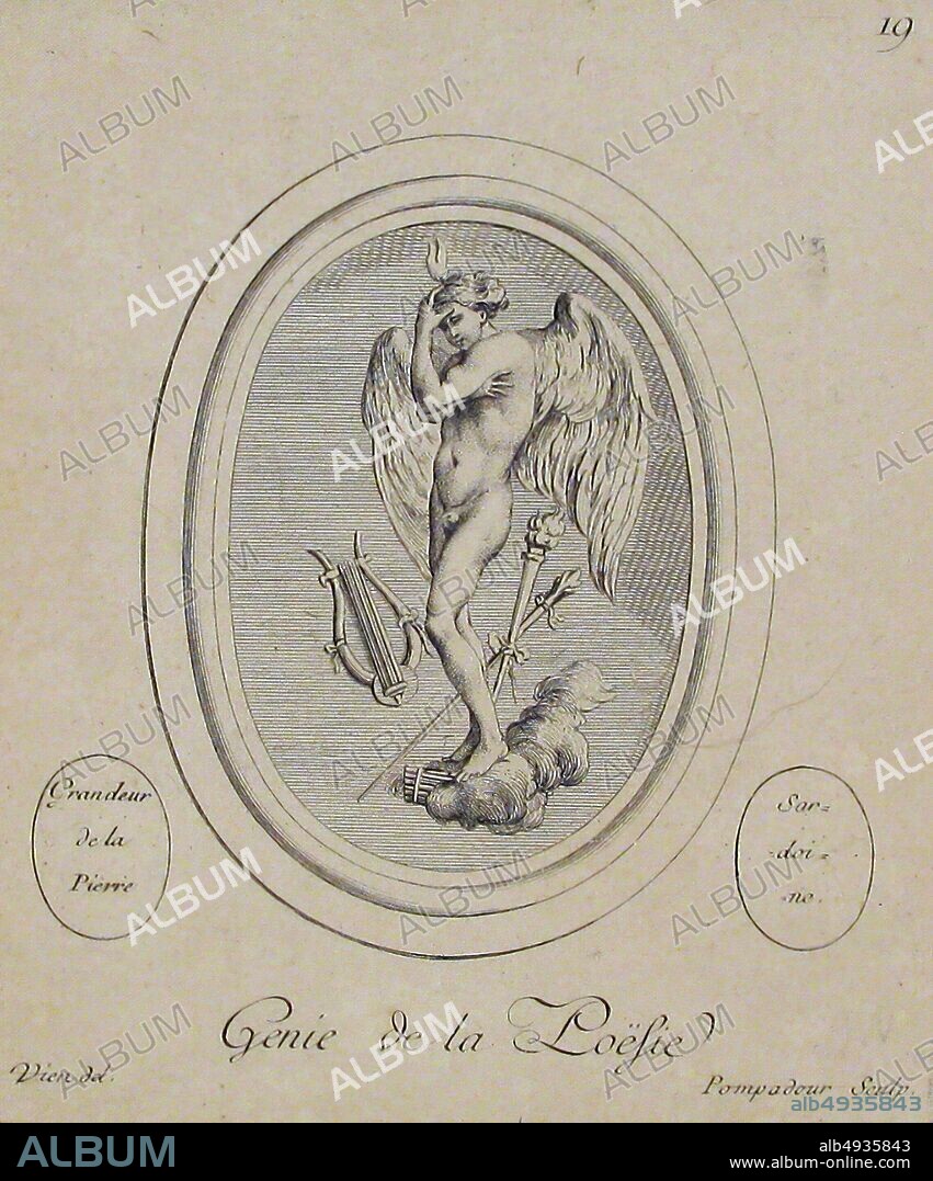 Madame la Marquise de Pompadour, Genie de la Poësie, Madame la Marquise de Pompadour (French, Paris 17211764 Versailles), 18th century, Etching, sheet: 5 1/16 x 4 5/8 in. (12.9 x 11.8 cm), Prints.