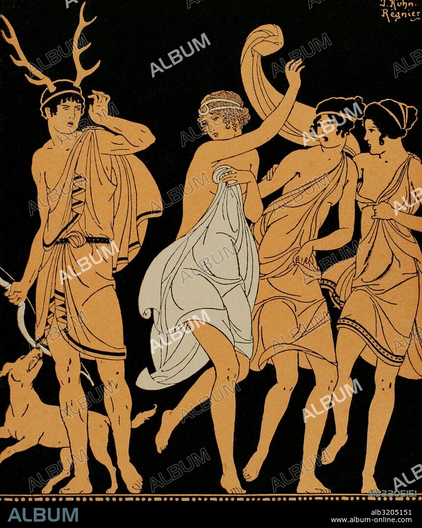 Mitología Clásica. El mito de Diana (Artemís) y Acteón. Artemís es sorprendida por Acteón mientras se baña en el río. Como castigo, lo transforma en ciervo y envía a sus perros para que lo devoren. Dibujo del ilustrador francés Joseph Kuhn-Regnier (1873-1940) .