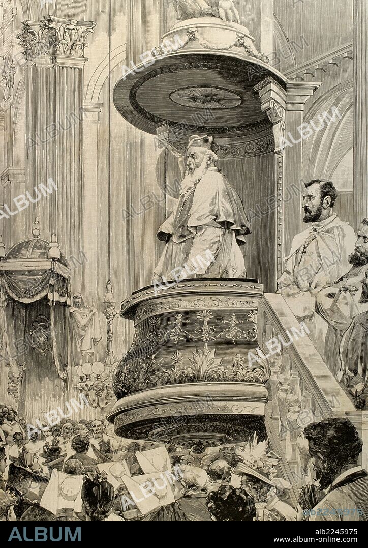 CHARLES MARTIAL LAVIGERIE (1825-1892). Misionero y cardenal católico francés. Luchó contra la esclavitud en Africa y en 1888 creó la Sociedad Antiesclavista. "Congreso antiesclavista" por Charles Martial Lavigerie, en la iglesia del San Sulpicio. Grabado por H. Thiriat. "La Ilustración Española y Americana", 1890.