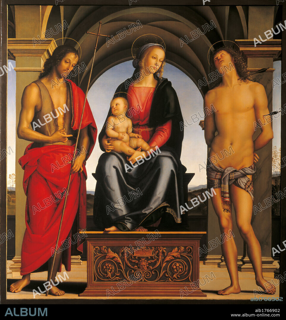 Madonna Enthroned with Child and Sts John the Baptist and Sebastian, by Pietro Vannucci known as Perugino, 1493 about, 16th Century, panel, cm 178 x 164. Italy, Tuscany, Florence, Uffizi Gallery. Virgin Mary Enthroned with the Infant Christ in her arms St John the Baptist on the left with Cross, on the right St Sebastian semi naked, pierced by an arrow. In an open architectural space with vault. All.. Authorization required for non editorial use.