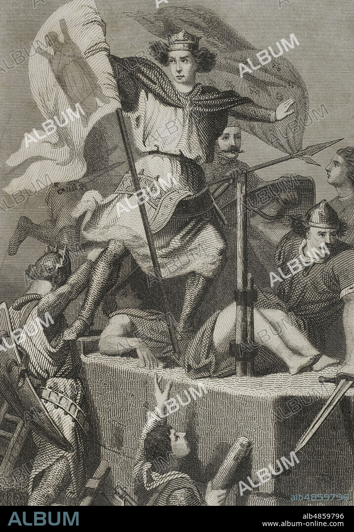 El Conde de Barcelona Ramón Berenguer III (1082-1131) clavando la enseña de Barcelona, durante el asalto del castillo de Fossis o Fos (Fos-sur-Mer, actual Provenza, Francia). Ilustración por Rigalt. Grabado por Planas. Historia de Cataluña y de la Corona de Aragón, por Victor Balaguer. Tomo I. Barcelona,1860.