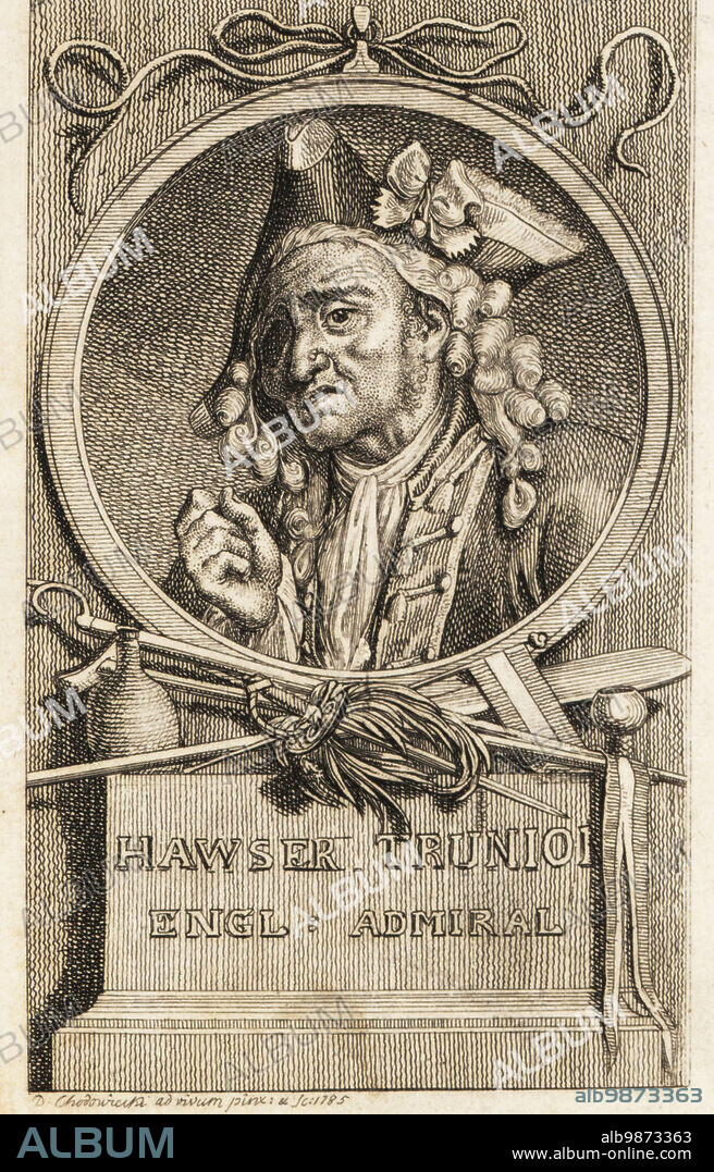 Portrait of Commodore Hawser Trunnion, misogynist seaman in Tobias Smollett's picaresque novel The Adventures of Peregrine Pickle, 1758. Old man with warts and only one eye in tricorn and wig, with sword, oar, flask and stick on a plinth. Hawser Trunion, Engl. Admiral. Copperplate engraving drawn and engraved by Daniel Nikolaus Chodowiecki, 1785.
