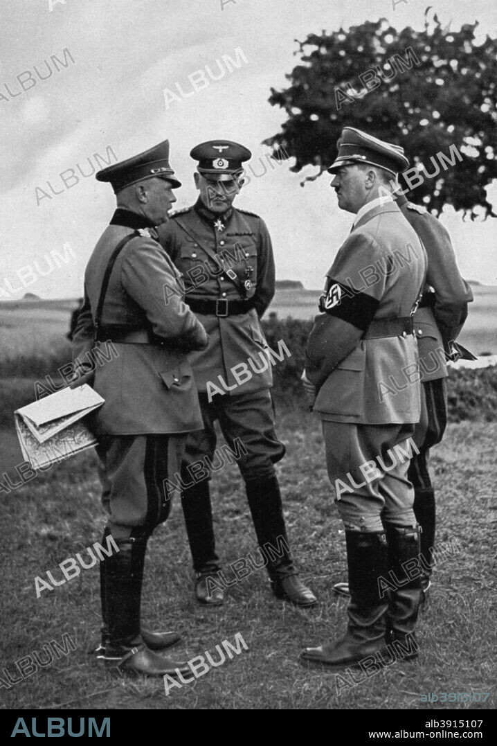 Adolf Hitler with senior German army officers, Munster training area, Germany, 1935. Hitler (1889-1945) with officers including Werner von Blomberg (1878-1946), Commander-in-Chief of the Armed Forces and Minister of War and Werner von Fritsch (1880-1939), Commander of the Army. A print from Adolf Hitler. Bilder aus dem Leben des Führers, Hamburg: Cigaretten/Bilderdienst Hamburg/Bahrenfeld, 1936.
