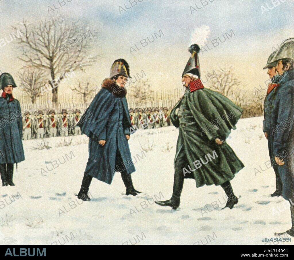 The exchange of Blucher for the French marshal Victor, 20 February 1807, (1936). 'Auswechslung Blüchers Gegen Den Französischen Marschall Victor, 20 Februar 1807'. Prussian field marshal Gebhard Leberecht von Blucher is exchanged for French commander Claude Victor Perrin. From "Bilder Deutscher Geschichte", (Pictures of German History), No.12, cigarette card album. [Cigaretten-Bilderdienst, Altona-Bahrenfeld, Hamburg, Germany, 1936].