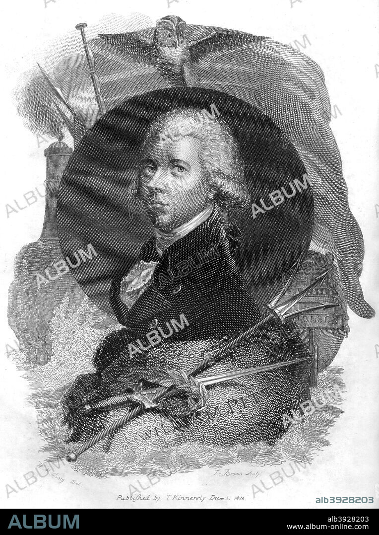 William Pitt the Younger (1759-1806), British statesman and prime minister, 1816. Pitt became prime minister of Britain at the age of 24, making him the youngest to hold the office in British history. He was also one of the longest serving prime ministers, holding office from 1783 to 1801 and then again from 1804 to 1806 - periods which covered both the French Revolutionary and Napoleonic Wars. From The History of the War, from the Commencement of the French Revolution to the Present Time, volume I, by Hewson Clarke, published by T Kinnersley (London, 1816).