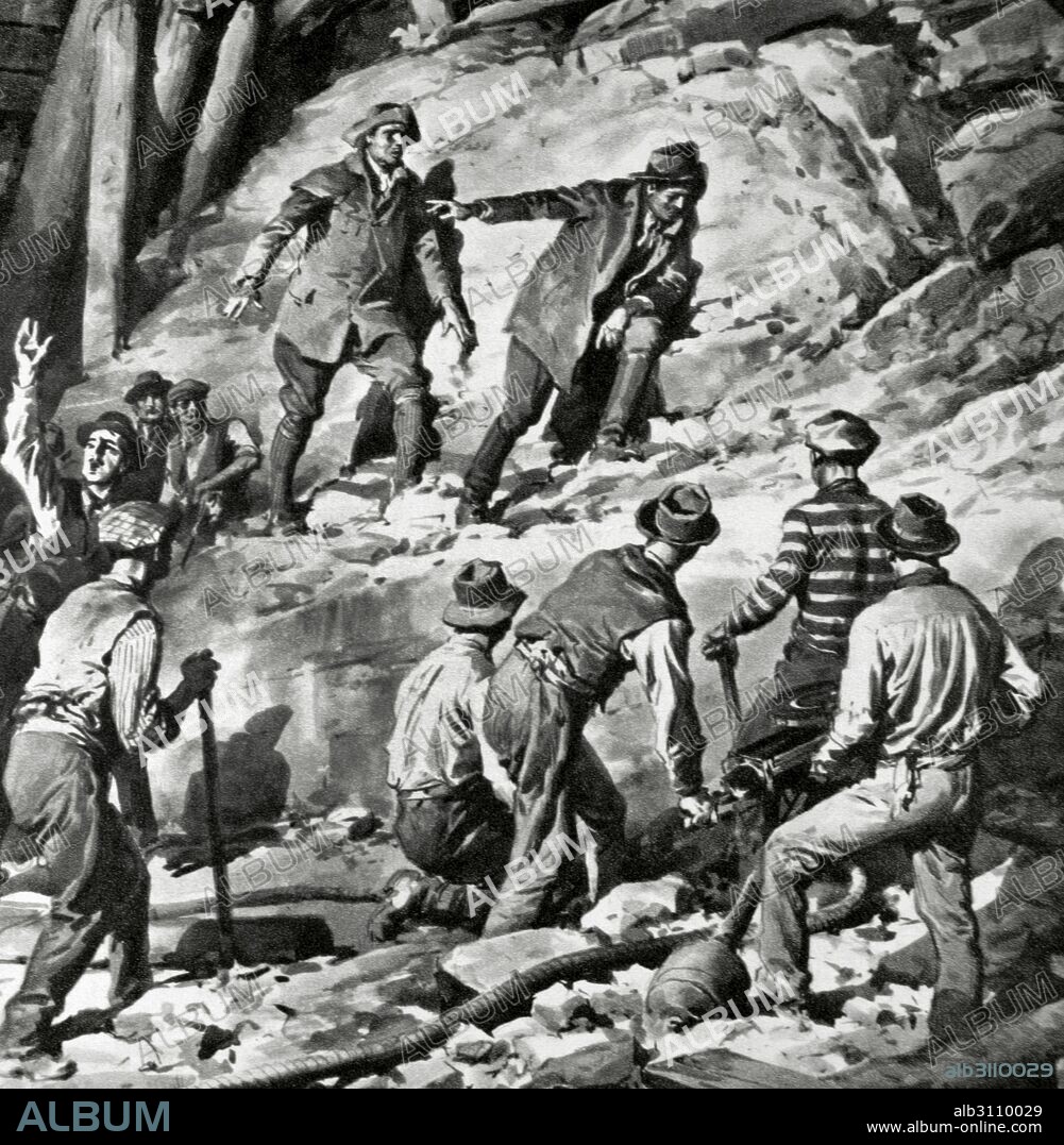 ITALIA FASCISTA. Entre las grandes obras de ingeniería del régimen fascista, el " Túnel de los Apeninos" nueva línea ferroviaria de Bolonia-Florencia. Grabado que ilustra el momento en que los trabajadores están preparando una demolición de una ladera. Siglo XX.