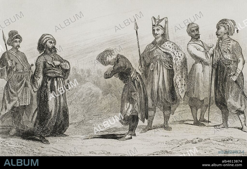 Imperio Otomano. Tropas del ejército turco. De izquierda a derecha: Chatir, Bajá, miliciano, Harbadchi, soldado egipcio y otro miliciano. Grabado por Lemaitre, H. Lalaisse y Chaillot. Histora de Turquía, por Joseph Marie Jouannin (1783-1844) y Jules Van Gaver. Panorama Universal, edición española de 1840.