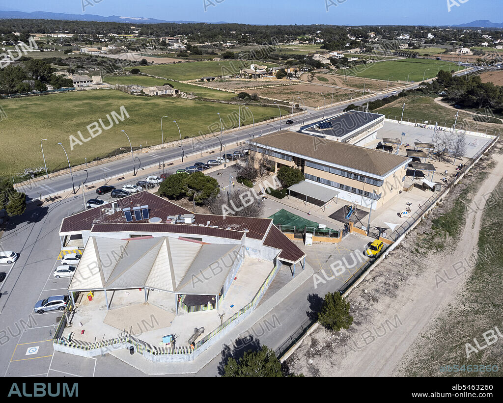 CEIP Colònia de Sant Jordi, Aerial view of the Childhood and Primary Education College, Ses Salines, Mallorca, Balearic Islands, Spain.