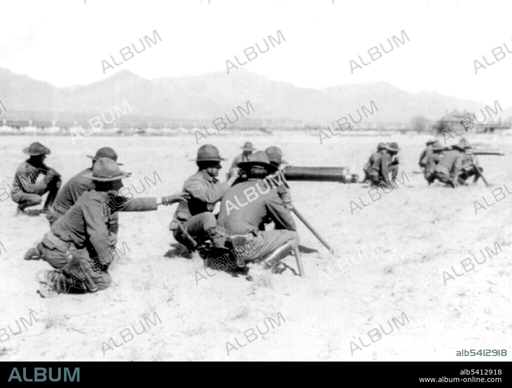8th Machine Gun Cavalry in action on Mexican border. The Pancho Villa Expedition was a military operation conducted by the US Army against the forces of Mexican revolutionary Pancho Villa from March 1916 - February 1917, during the Mexican Revolution of 1910-20. The expedition was launched in retaliation for Villa's attack on the town of Columbus, New Mexico. Despite successfully locating and defeating the main body of Villa's command, responsible for the raid on Columbus, US forces were unable to achieve Wilson's stated main objective of preventing Villa's escape. No photographer credited, April 20, 1916,.