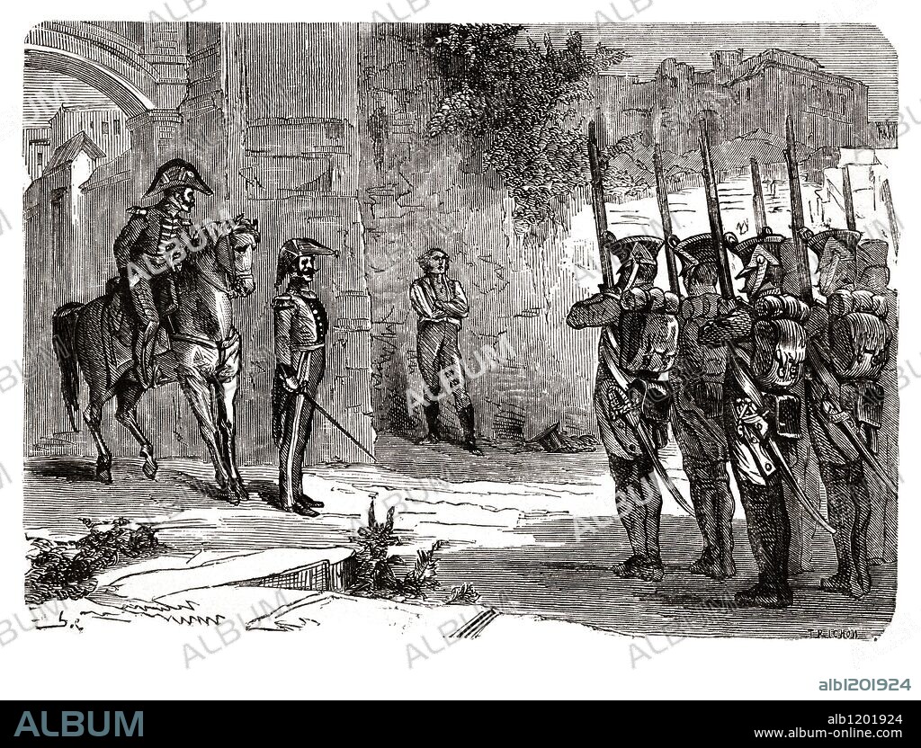 Joachim Murat (1767-1815). Mariscal de Francia y Rey de Nápoles de 1808 a 1815. Gobernador de Madrid durante los sucesos del levantamiento del dos de mayo. Fusilado en el castillo de Pizzo (Calabria) el 13 de octubre de 1815. Grabado de 1866.