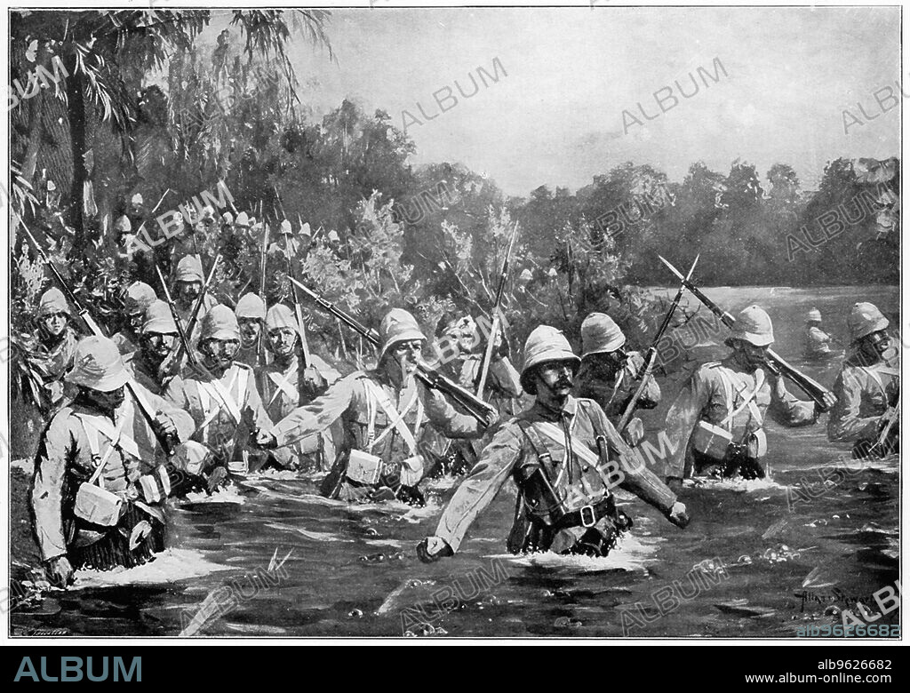 Battle of Modder River, 2nd Boer War, 28 November 1899. Men of the 1st Argyll and Sutherland Highlanders, equipped with the Lee Metford 10-round magazine rifle, crossing the drift with bayonets fixed. The British were under the command of General Methuen, the the Boers under Generals Cronje and de la Rey.   Although the Boer losses were much lighter than those of the British, they were forced to withdraw from their positions.
