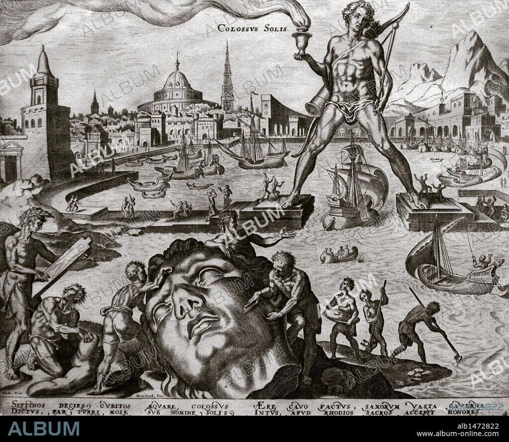 MAARTEN VAN HEEMSKERCK. LAS SIETE MARAVILLAS DE LA ANTIGÜEDAD. "EL COLOSO DE RODAS". Grabado de Philip Galle según Martín van Heemskerck. Siglo XVI. Museo de Arte Nelson-Atkins (The Nelson-Atkins Museum of Art). Kansas City. Estado de Missouri. Estados Unidos.
