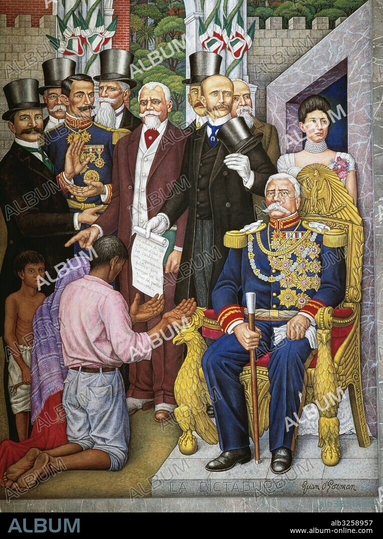 O'GORMAN, Juan (Ciudad de México, 1905-1982). Arquitecto y pintor mexicano. En su formación tiene gran importancia Diego Rivera. "EL FEUDALISMO PORFIRISTA". (La presentación del Dictador PORFIRIO DIAZ 1830-1915 militar y político mexicano, a la aristocracia pulquesa). Detalle mural del año 1973. Castillo de Chapultec. México D. F.