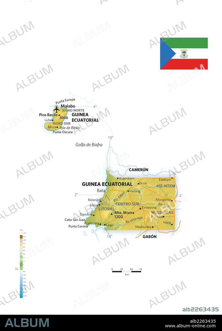 Guinea Ecuatorial. Mapa físico y político de Guinea Ecuatorial.