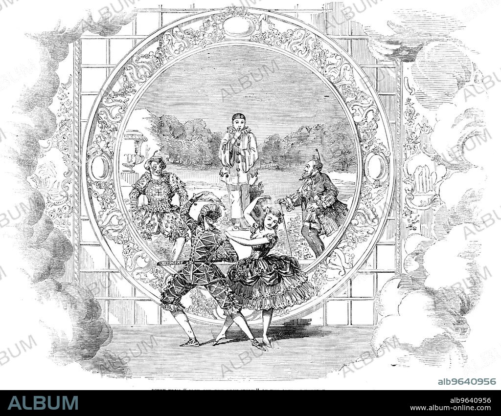 Scene from "Jack and the Bean-Stalk" at the Adelphi Theatre, 1856. London stage production. 'The Pantomime at this theatre is distinguished from the general character of these performances by the introduction of Madame Celeste as Harlequin, and she is a most graceful representative of the motley hero. The Columbine is played by the pretty and clever Miss Wyndham...The tableau selected by our artist is one of the most striking in the pantomime, and represents a group which might have been painted by Watteau...The Clown and Pantaloon are played by Mr. Garden and Mr. C. J. Smith - two gentlemen very favourably known to the frequenters of the Adelphi as actors of considerable merit, and who have, in conjunction with Miss Wyndham, upon this occasion gone out of their way to support their excellent directress in her new and arduous undertaking' From "Illustrated London News", 1856.