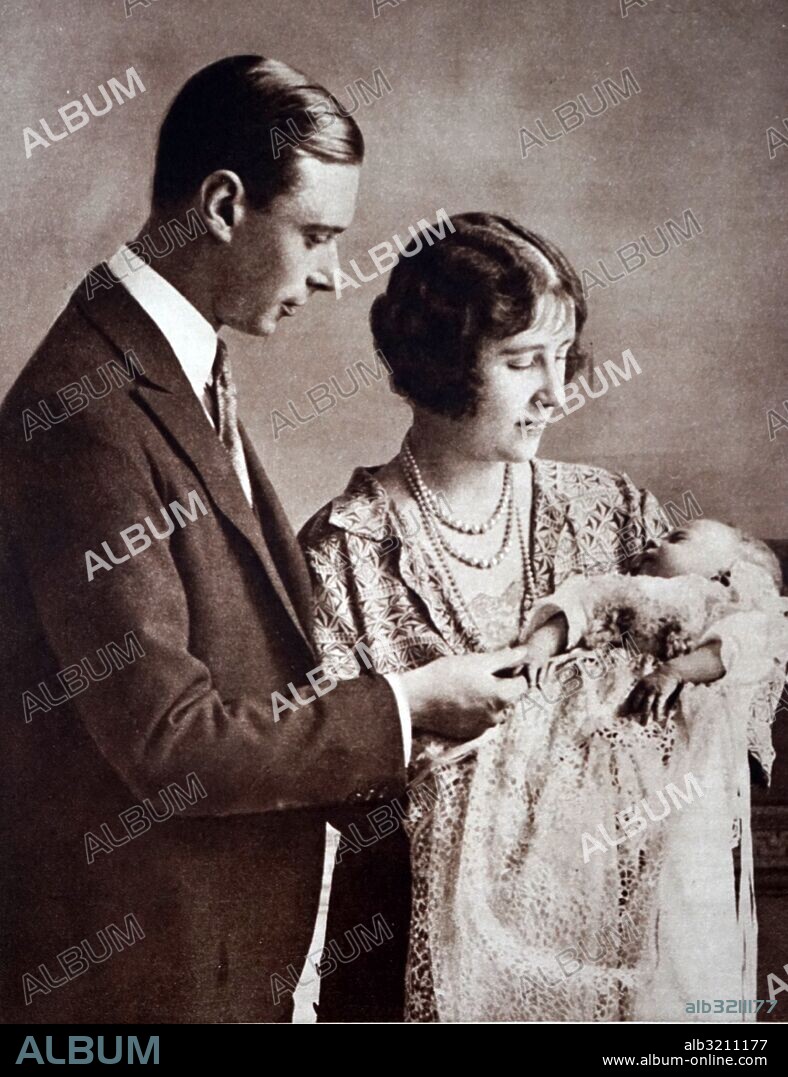 Photograph of Prince Albert Frederick Arthur George (1895-1952) and Lady Elizabeth Bowes-Lyon (1900-2002) with the new born Princess Elizabeth (1926-). Dated 20th Century.