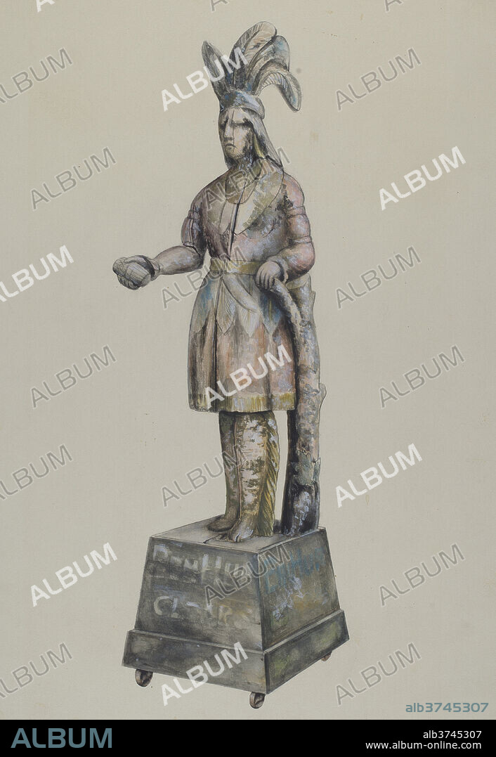WILLIAM KERBY. Cigar Store Indian. Dated: c. 1937. Dimensions: overall: 48.5 x 35.6 cm (19 1/8 x 14 in.). Medium: watercolor, colored pencil, graphite, and heightening on paperboard.