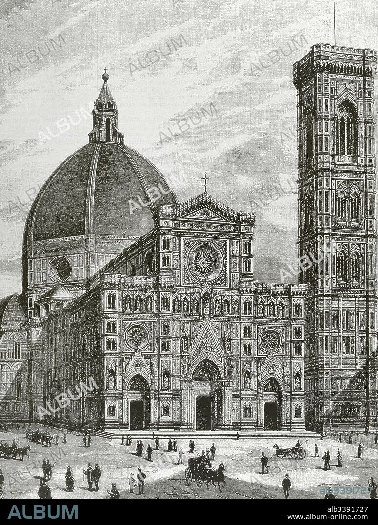 Italy. Florence. Cathedral of Saint Mary of the Flower ( Cattedrale di Santa Maria dei Fiore). Facade. Engraving by Sehers. "La Ilustracion", 1887.