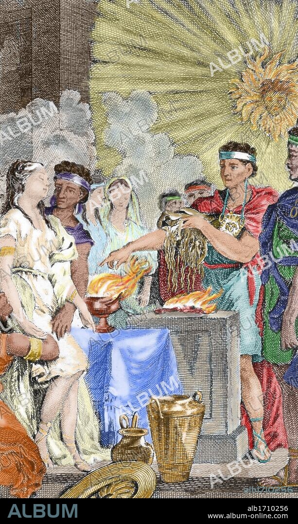 Presentation at the Inca temple of three virgins to be consecrated to the sun. Colored engraving, 1820.