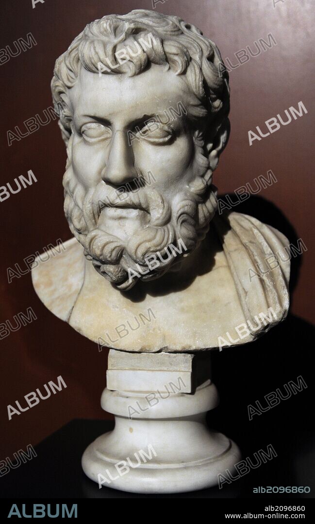 Metrodoro de Lámpsaco (el joven) (331 a. C. -277 a. C.) Filósofo griego de la escuela epicúrrea, Aunque uno de los mayores exponentes del epicureísmo, sólo se conservan fragmentos de su obra. Busto. Copia del s. II d. C. Neues Museum (Nuevo Museo). Berlín. Alemania. Europa.