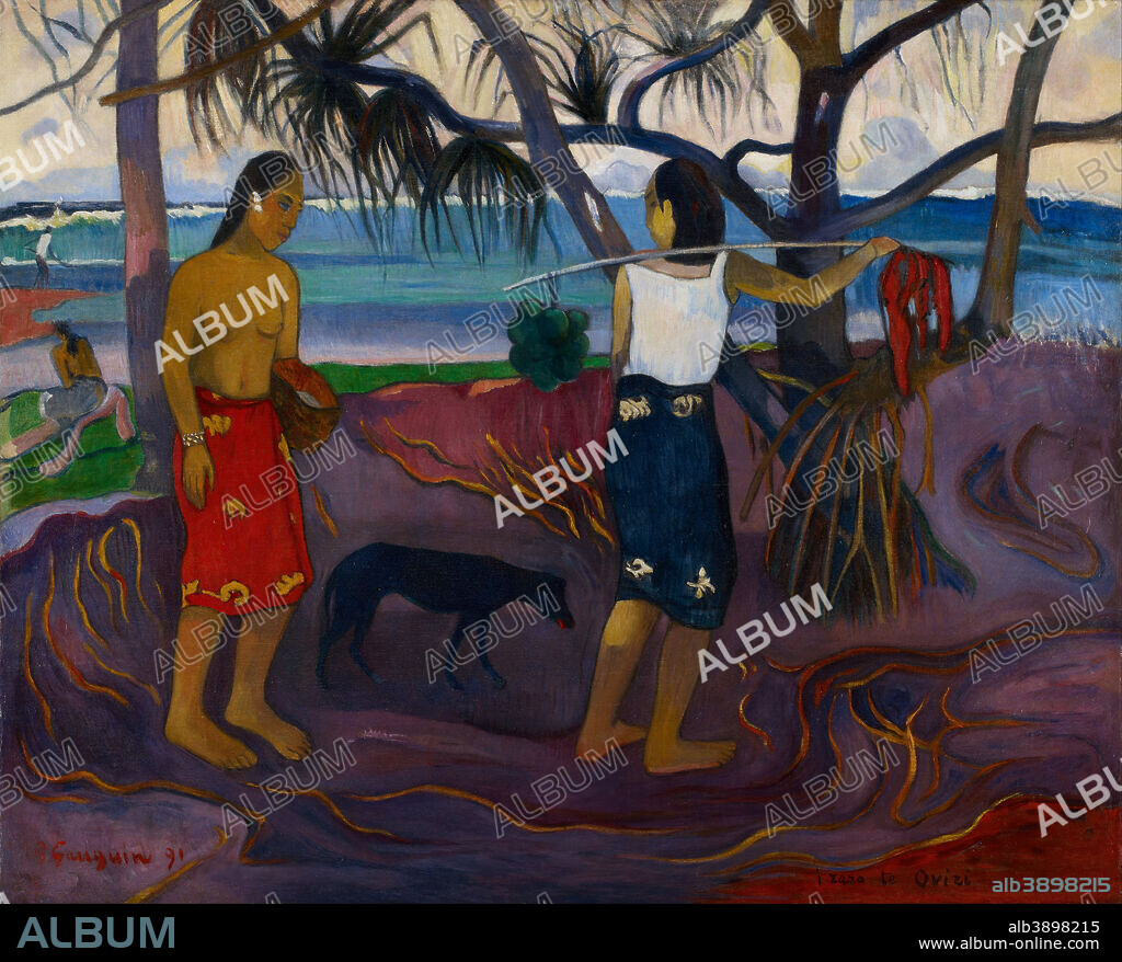 PAUL GAUGUIN. I raro te oviri (II) / Under the Pandanus II. Date/Period: 1891 (according to Gauguin's inscription though it could be a bit later). Painting. Oil on canvas. Height: 73 cm (28.7 in); Width: 91.4 cm (35.9 in).