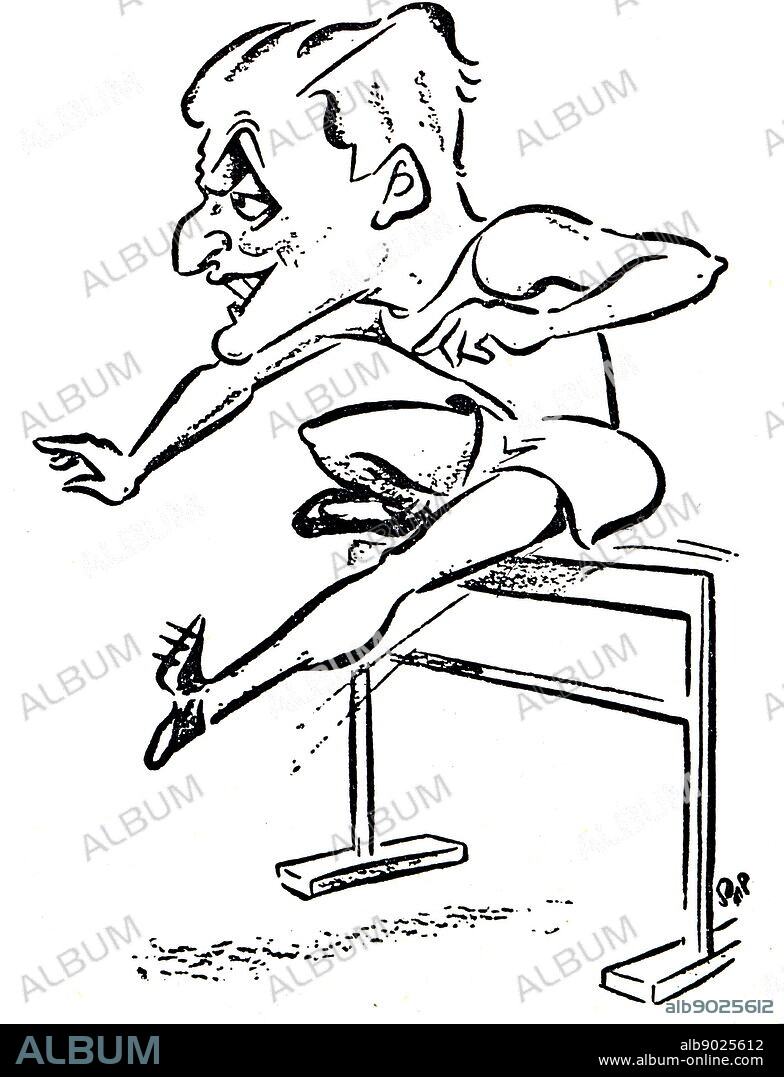 Cartoon drawing of a British Athlete David George Brownlow Cecil (1905 - 1981) also known as Lord Burghley in the 1932 Olympic games.