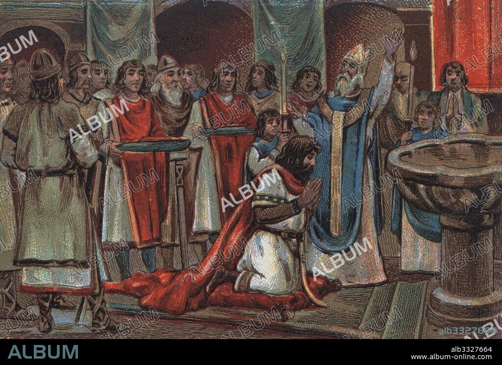 Historia de España. Bautismo de Teodosio I el Grande (347-395), emperador romano cristiano, por el obispo Acolio de Tesalónica.