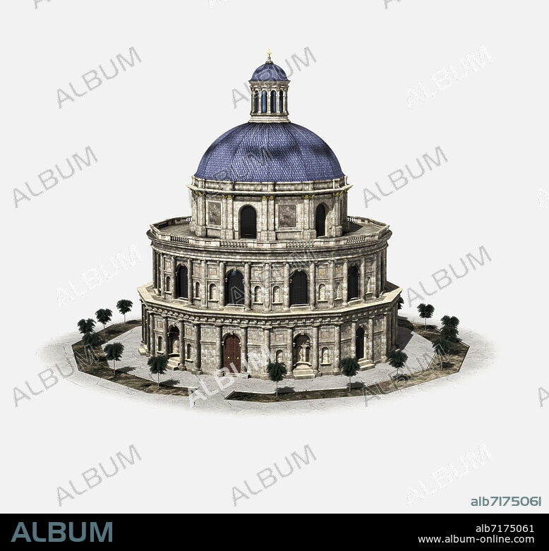 Funerary Architecture / History of France. View of the Rotonde des Valois as it should have been if this monument had been completed. (The Rotunda of the Valois, commonly known as Notre-Dame-de-la-Rotonde, a building which adjoined the basilica of Saint-Denis from the end of the 16th century to the beginning of the 18th century and which housed the tomb of Henri II and his wife Catherine de Medici. This building was to receive the remains of the King's successors in the house of Valois, the reigning dynasty at the time of its construction, which began in 1568. The rotunda was never completed and was destroyed in 1719). 3D Reconstruction, 2017.