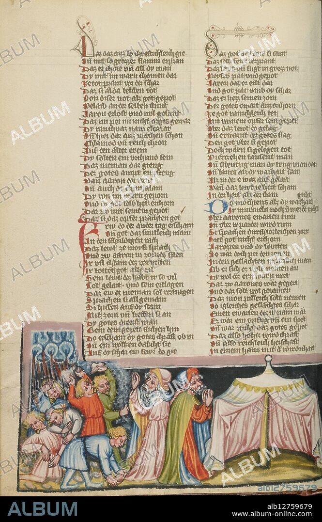 The People Grumble against Moses and Aaron; Weltchronik, about 1400-1410.