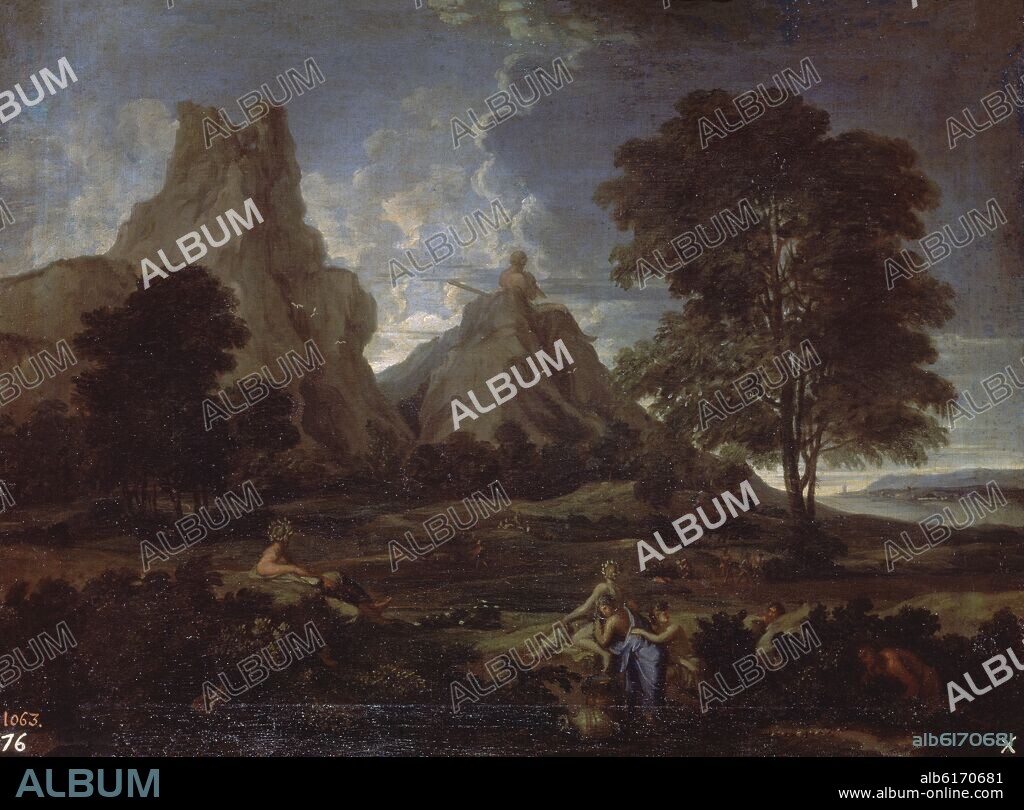 NICOLAS POUSSIN (COPIA). PAISAJE CON POLIFEMO Y GALATEA - SIGLO XVII - OLEO/LIENZO - 49x63 cm - NP 2322 - BARROCO CLASICISTA.
