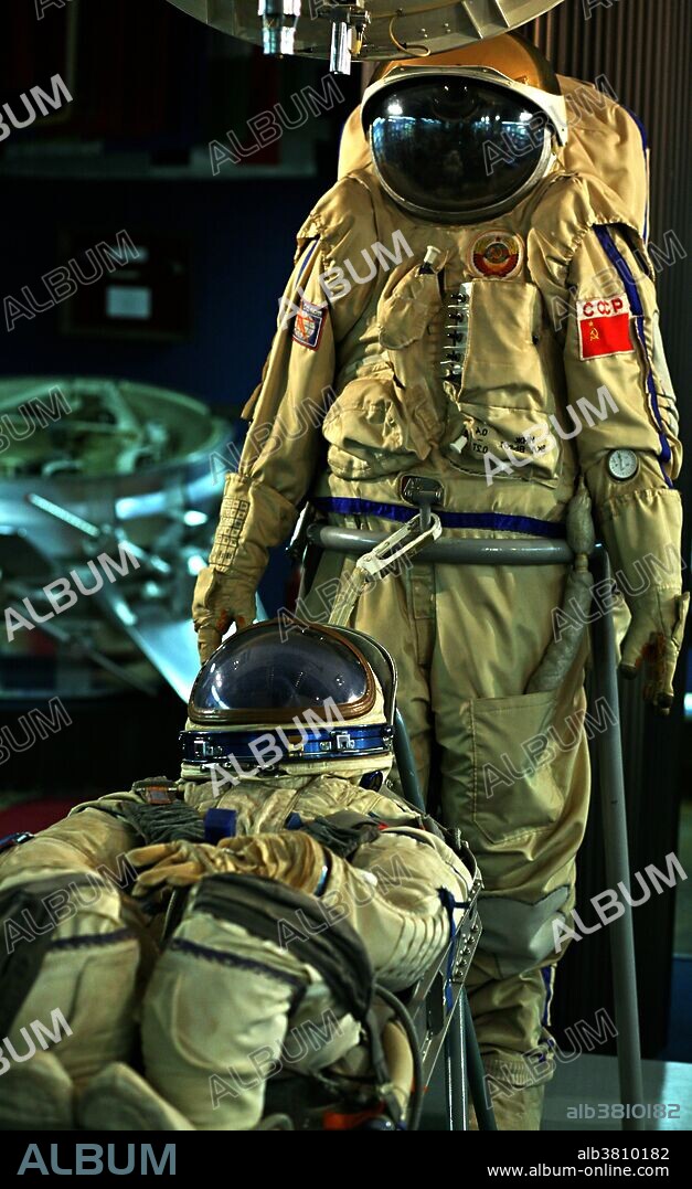 Old Soviet space suits from the Mir Space Station, on display at the museum of Star City, Moscow. Since the 1960s Star City has been home to the Yuri Gagarin Cosmonaut Training Center (GCTC), Russia's main astronautics center and one of the largest in the world.