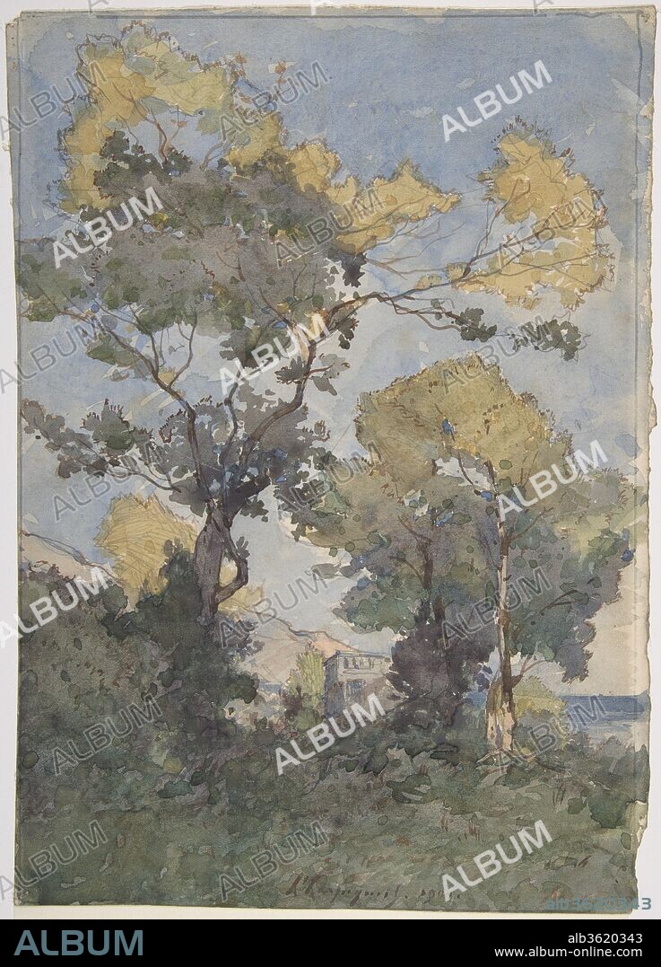 Landscape. Artist: Henri-Joseph Harpignies (French, Valenciennes 1819-1916 Saint-Privé). Dimensions: Overall: 11 1/16 x 7 13/16in. (28.1 x 19.8cm)
frame: 21 x 16 in. (53.3 cm). Date: 1900.