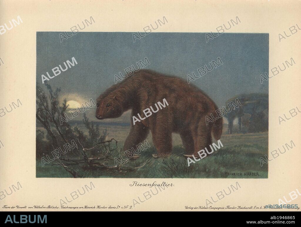 Megatherium americanum (Great Beast) was a genus of elephant-sized ground sloths native to America from the Pliocene through Pleistocene eras.. . Colour printed illustration by Heinrich Harder from "Tiere der Urwelt" Animals of the Prehistoric World, 1916, Hamburg. Heinrich Harder (1858-1935) was a German landscape artist and book illustrator. From a series of prehistoric creature cards published by the Reichardt Cocoa company. Natural historian Wilhelm Bolsche wrote the descriptive text.