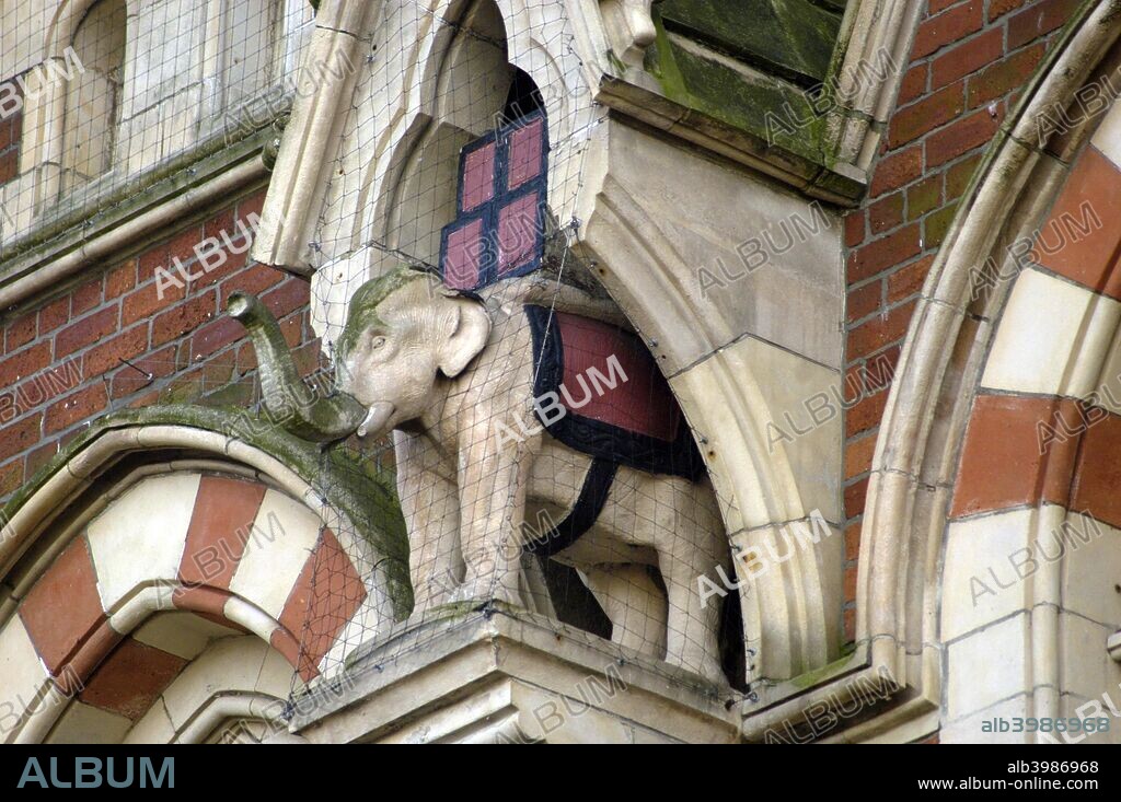 Elephant in niche, Elephant Tea Rooms, 64-66 Fawcett Street, Sunderland, Tyne and Wear, 2008. Designed by Frank Caws in a blend of Hindu, Gothic and Venetian styles, the building was built in 1872-1877.