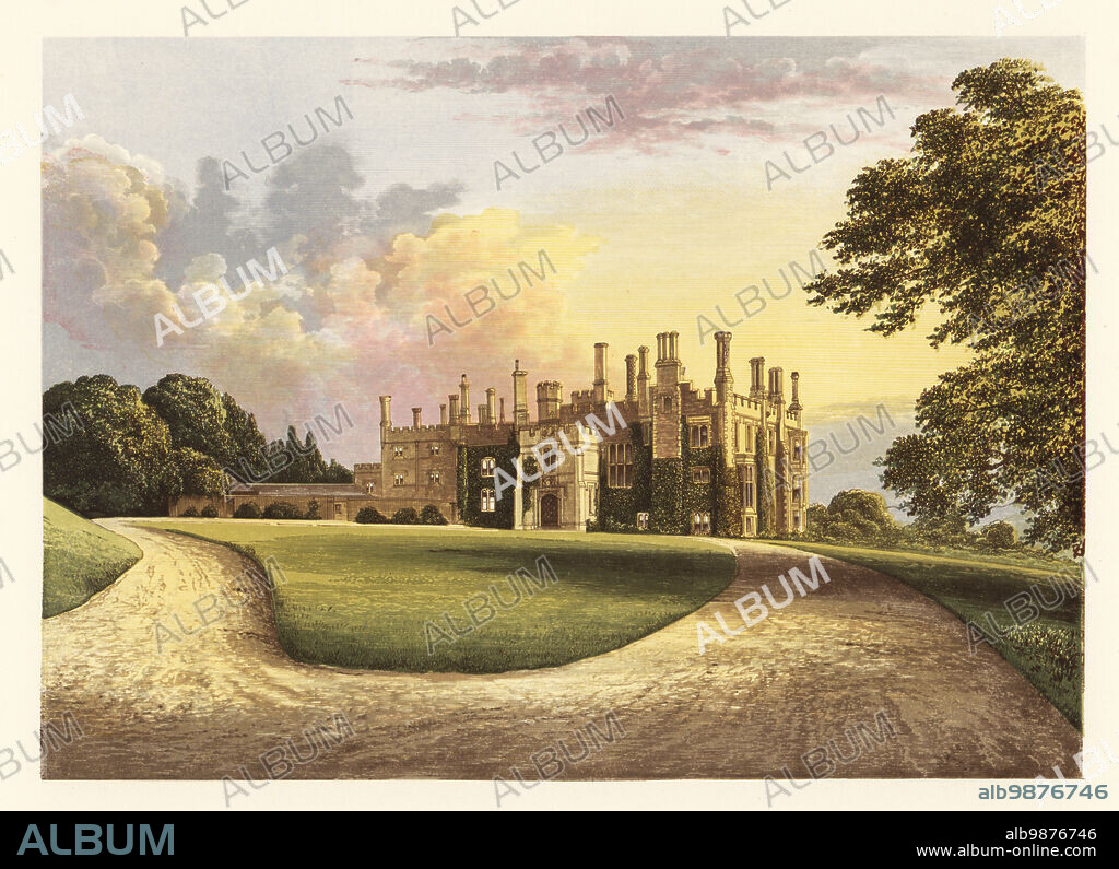 Eggesford House, Devon, England. Elizabethan Gothic-style manor house built in 1820 by architect Thomas Lee for Newton Fellows, 4th Earl of Portsmouth. Colour woodblock by Benjamin Fawcett in the Baxter process of an illustration by Alexander Francis Lydon from Reverend Francis Orpen Morriss Picturesque Views of the Seats of Noblemen and Gentlemen of Great Britain and Ireland, William Mackenzie, London, 1880.