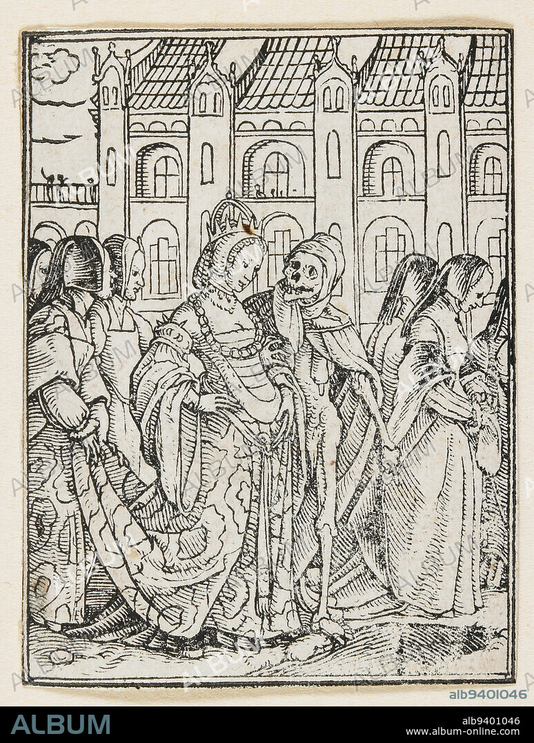 The Empress from Dance of Death (Lyons), 1538, 1523-1526, Hans Holbein the Younger, German, 14971543, 2 9/16 x 7 13/16 in. (6.51 x 19.84 cm) (image), Woodcut, Germany, 16th century, Hans Holbein's Dance of Death is the most famous treatment of the subject in Renaissance art. His series of 50 miniature woodcuts show Death's affinity for all stations in life, royal and religious officials not excepted. Holbein's highly animated images remained unpublished for 15 years. Perhaps they were considered too inflammatory during the 1520s, a period of class warfare when even peasants rejected the notion of the divine right of kings.