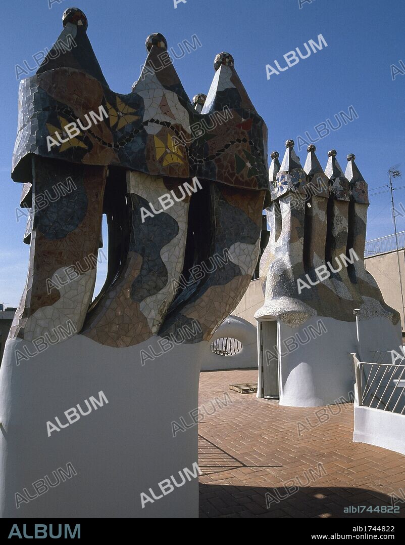 Spain. Barcelona. Batllo House. 1904-1906. Built by Antoni Gaudi. Chimneys.