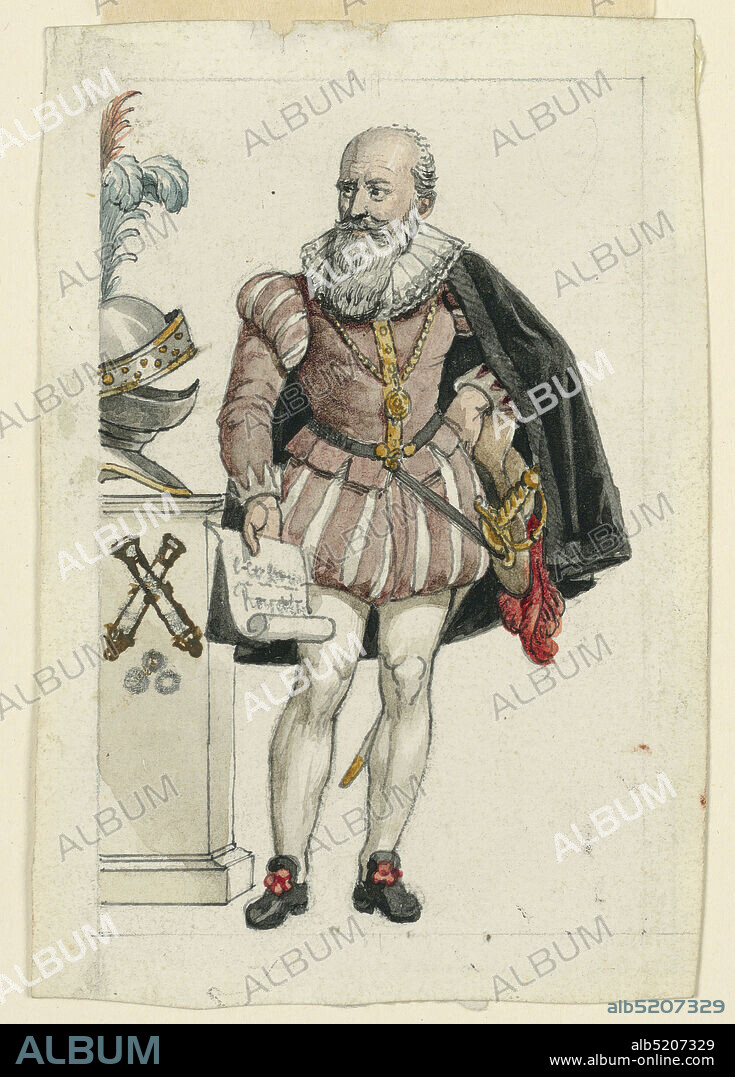 Design for a Playing Card: Valet (or Jack) of Hearts, Graphite, brush and watercolor, Sully is shown standing beside a pedestal upon which a helmet stands. He carries a paper scroll with an inscription of which 'Roy' is intelligible., France, 18251850, Playing Card, Playing Card.