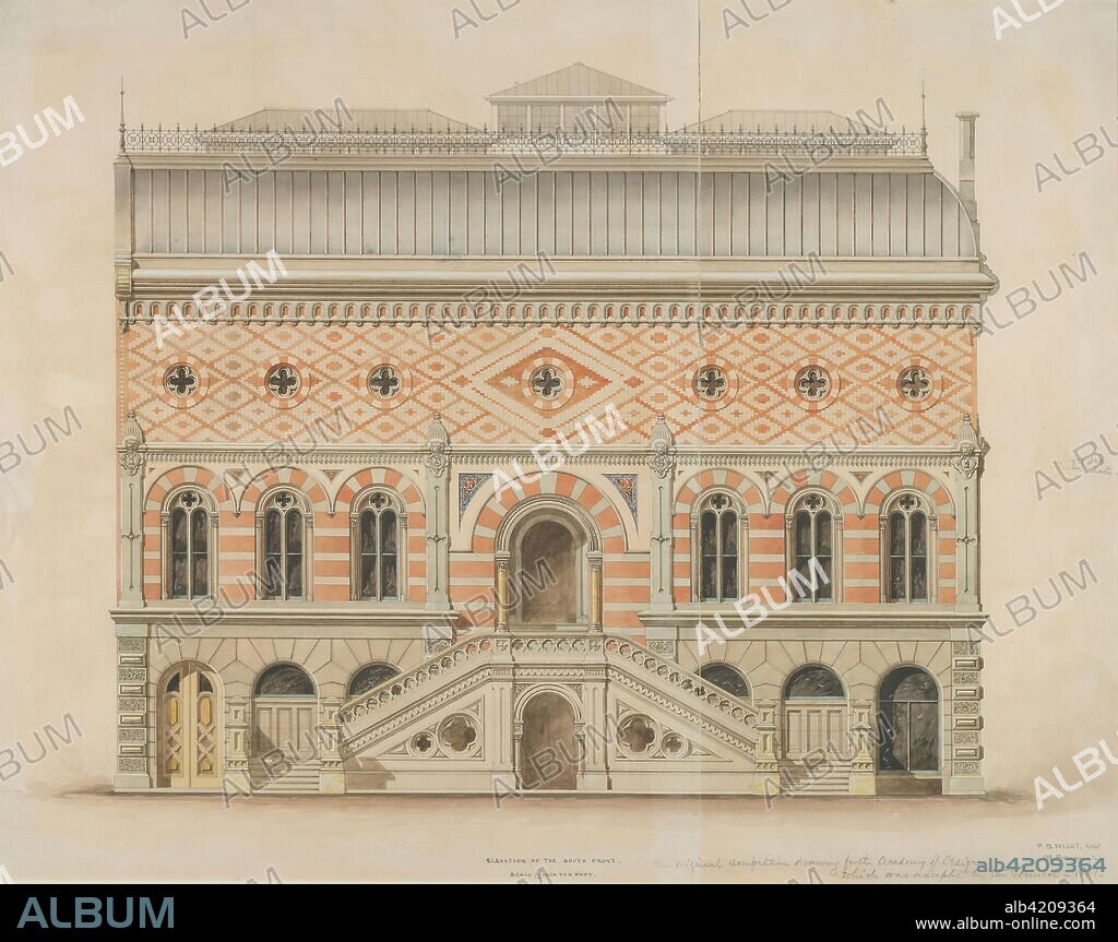 National Academy of Design Competition, New York, New York, South Elevation. Peter Bonnett Wight; American, 1838-1925. Date: 1861. Dimensions: 53 × 68.6 cm (20 7/8 × 27 in.). Ink, watercolor, and gouache on paper. Origin: New York City.