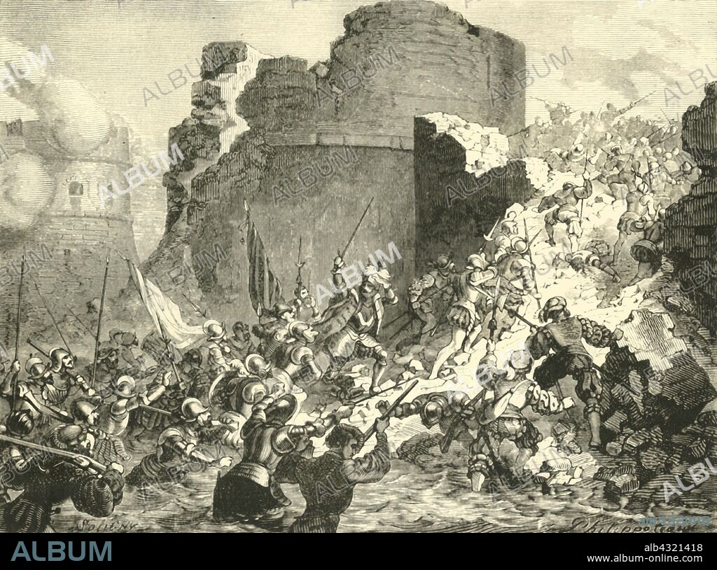 'Capture of Calais by the French Under the Duke of Guise', 1890. The Siege of Calais was fought in early 1558 when Henry II of France  sent Francis, Duke of Guise, to English-held Calais, defended by Thomas Wentworth.  From "Cassell's Illustrated Universal History, Vol. IV - Modern History", by Edmund Ollier. [Cassell and Company, Limited, London, Paris and Melbourne, 1890].