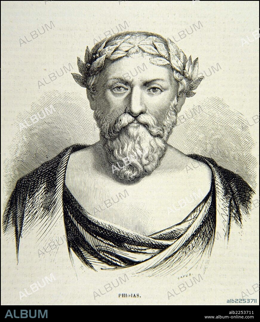 FIDIAS. ESCULTOR GRIEGO. 490-431 AC. GRABADO RETRATO DEL MUSEO UNIVERSAL1860.