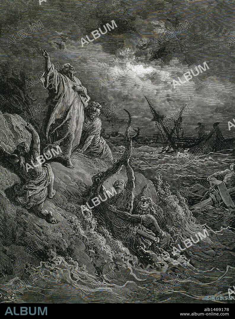 PABLO, San (Saulo) (h.10-h.67). Apóstol de los gentiles. "NAUFRAGIO DE SAN PABLO EN LA ISLA DE MALTA". (Hechos de los Apóstoles, Capítulo XXVII, versículos 39 al 44). Dibujo de G. Doré, grabado por H. Pisan.