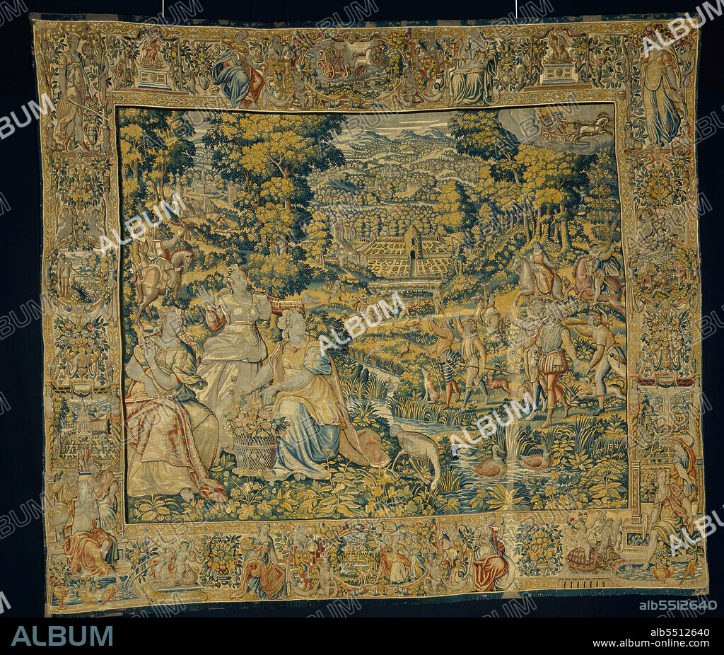 ERASMUS DE PANNEMAKER. Pluto and Proserpina with Falconry, Flanders, c. 1600. Woven at the workshop of Erasmus I de Pannemaker, after an engraving by Adriaen Collaert after Hans Bol.