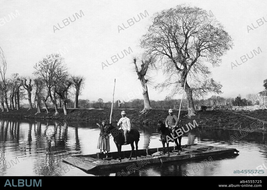 Italy. pontine marshes. Italyn red cross ambulance. doctor on barge. 1920-30.