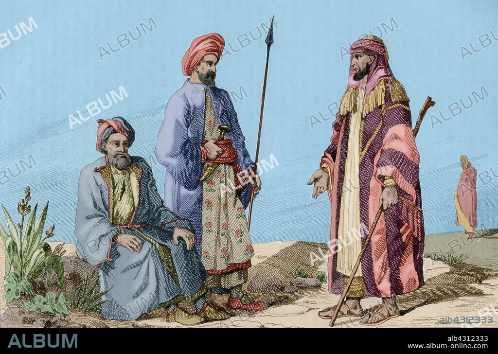 Historia de Arabia. De izquierda a derecha: Sacerdote de Jida, árabe distinguido y Jefe de Wahabitas. Grabado por Vernier. Lemaitre Direxit. Panorama Universal. Historia de la Arabia,1851. Coloreado.