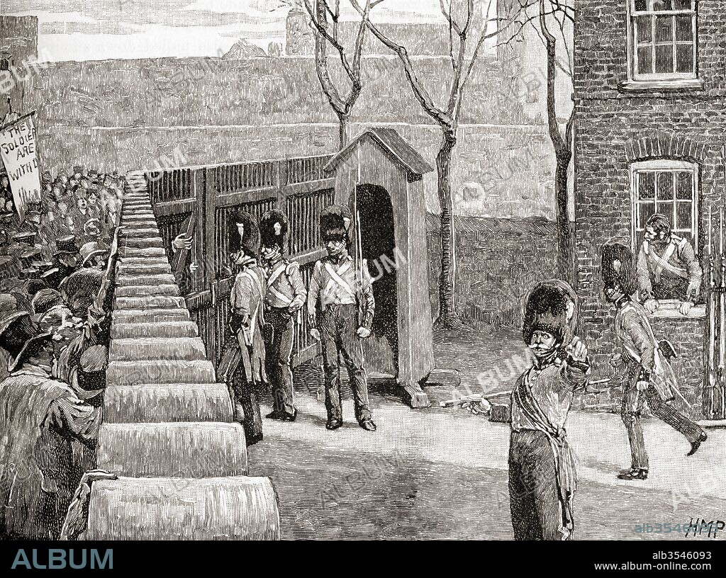 A riotous mob of Spencian Philanthropists during The Spa Fields Riots, Islington, London, England in 1816. From The Century Edition of Cassell's History of England, published c. 1900.