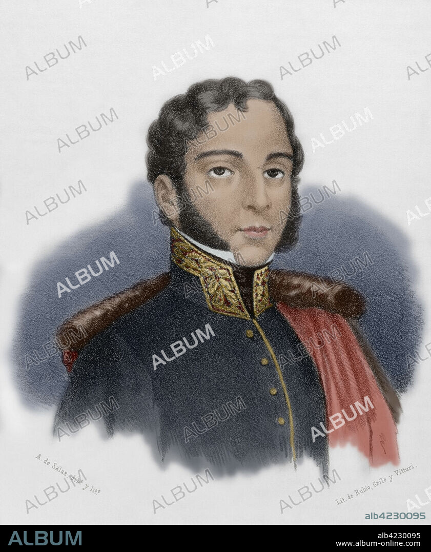 Juan López Pinto (1788-1831). Militar español nacido en Cartagena, miembro del Cuerpo de Artillería. Participó en la Guerra de Independencia Española. Fusilado junto al general Torrijos en la playa de Málaga. Retrato. Dibujo por A. de Salas. Litografía. Coloreada. Crónica General de España, Historia Ilustrada y Descriptiva de sus Provincias. Andalucía, 1869.
