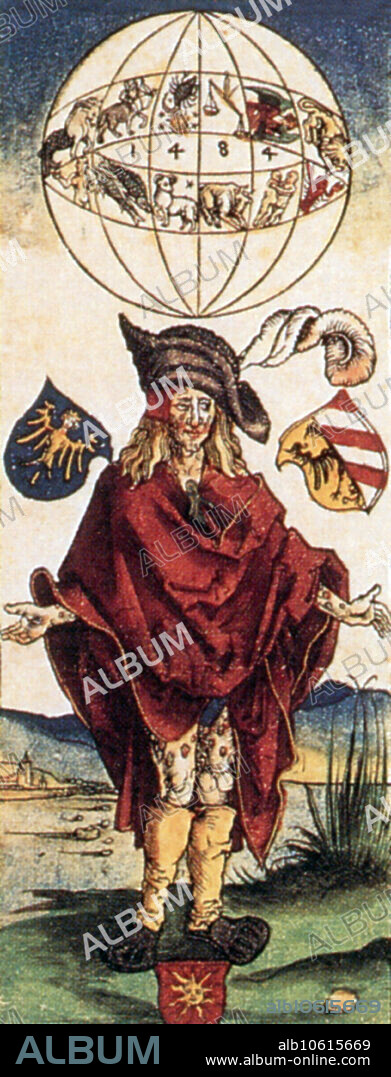Albrecht Durer's (1471-1528) woodcut of a syphilitic man covered in chancres. Note the astrological influence suggested by the Zodiac above him. Durer was a German artist.